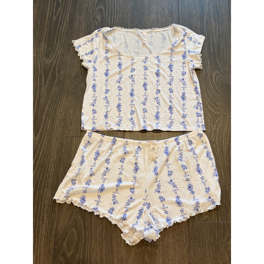 Auden Blue Floral Ribbed Pajama Set XXL Short Sleeve Crop Top and Shorts